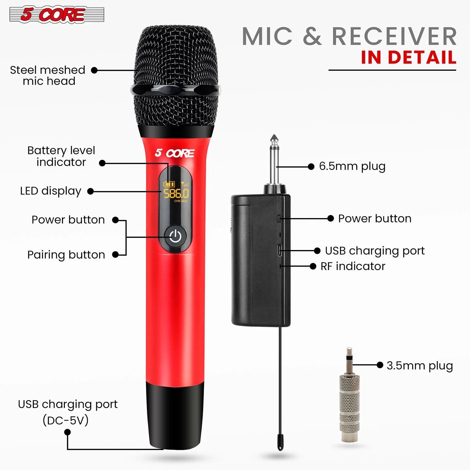 5Core Wireless Microphone Pair UHF Handheld Microfonos Inalambricos Cordless Mic RED + BLACK