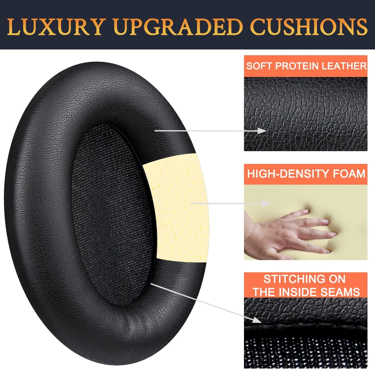 Professional Earpads Cushions Replacement for Sony WH-1000XM3 (WH1000XM3) Over-Ear Headphones, Ear Pads with Softer Protein Leather, Noise Isolation Memory Foam, Added Thickness (Black)