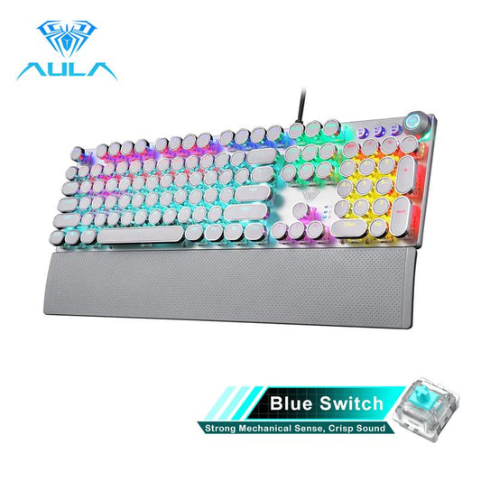 AULA F2088 Wired Typewriter Style Mechanical Gaming Transparent Keyboard,Rainbow LED Backlit,Removable Wrist Rest,Media Control Knob,Retro Punk round Keycaps,Usb Wired Computer Keyboard,White