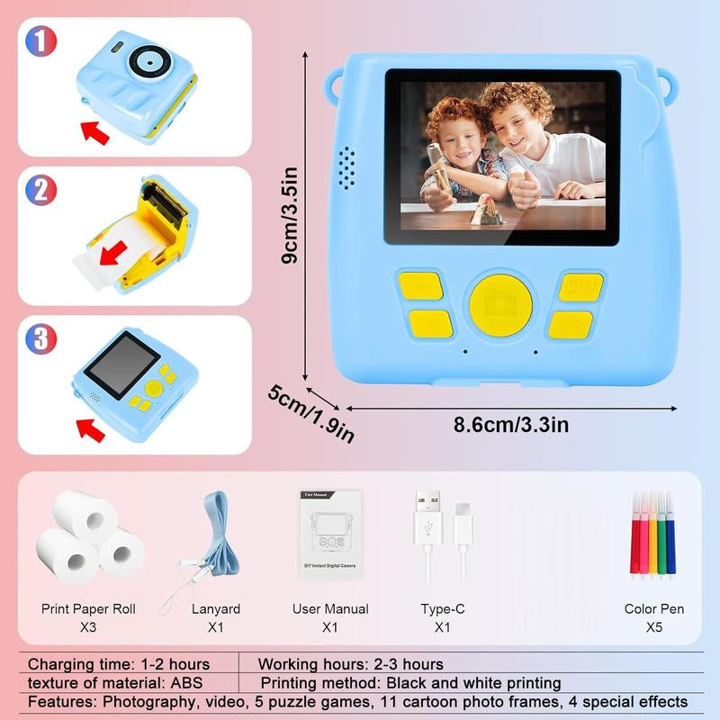 Portable Digital Camera, USB Rechargeable Instant Camera with 3 Rolls Print Paper, Outdoor Portable Camera Toy, Camera Toy for Birthday Gift