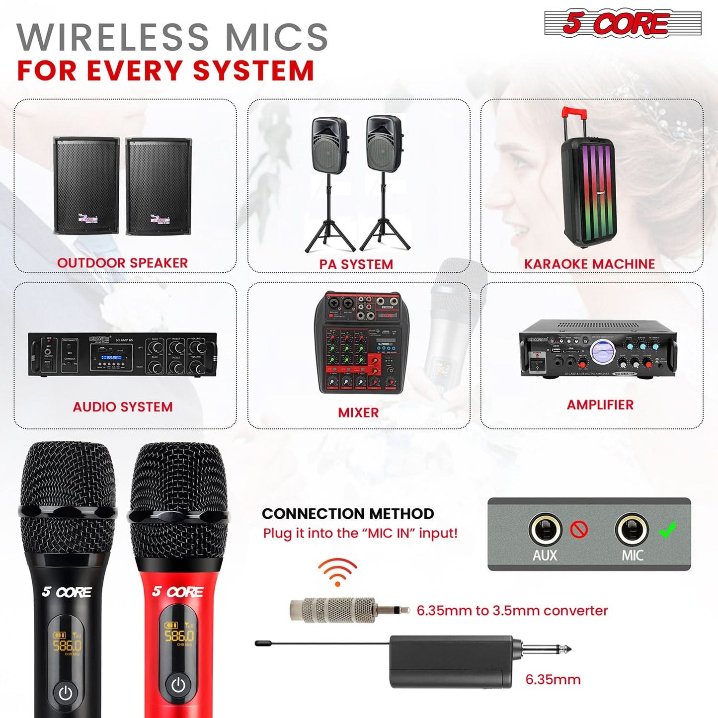 5Core Wireless Microphone Pair UHF Handheld Microfonos Inalambricos Cordless Mic RED + BLACK