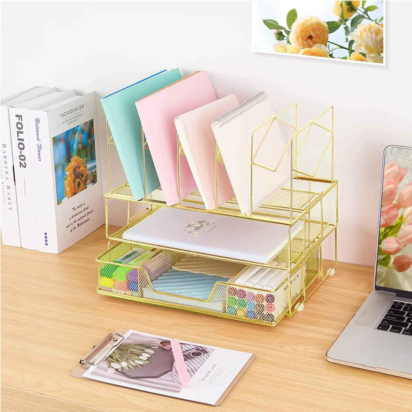 Desk Organizers and Accessories - Double Tray and 5 Upright Sections, Office File & Supplies Organizer with Drawer, Binder Clips, Gold