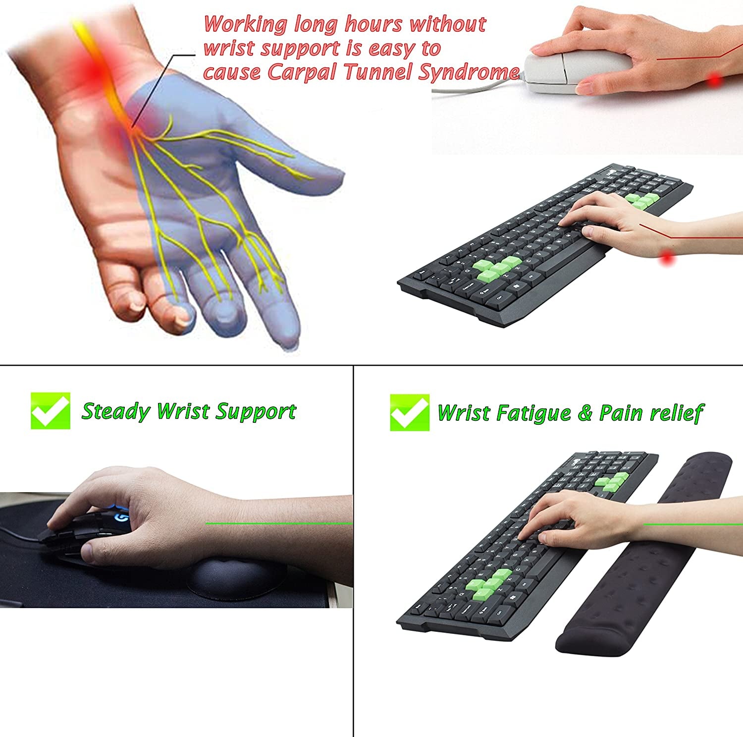 Memory Foam Mouse & Keyboard Wrist Rest Support Pad Cushion Set for Computer, Laptop, Office Work, PC Gaming - Massage Holes Design - Easy Typing Wrist Pain Relief (Black)