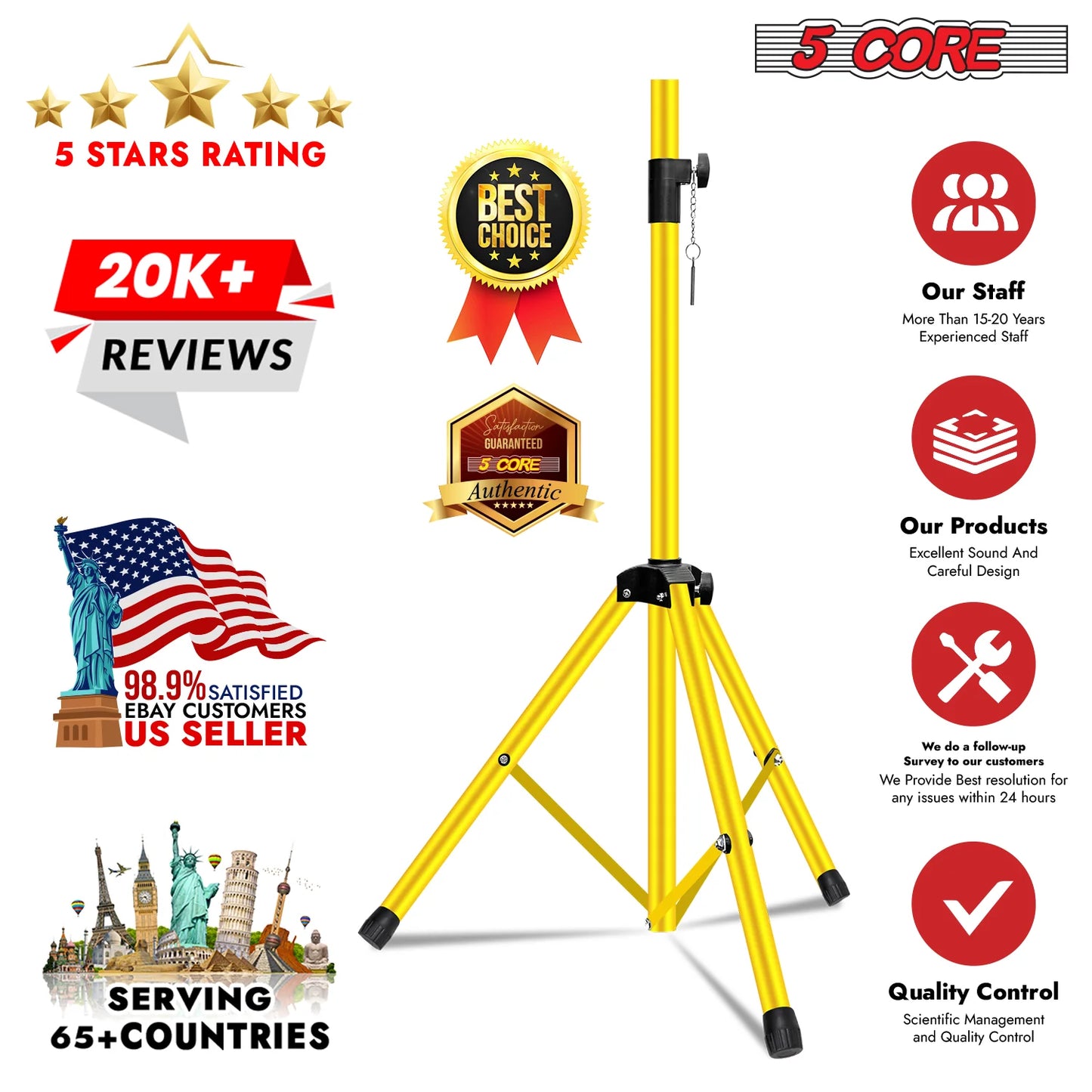 5Core Speaker Stand Tripod Tall Adjustable 72 Inch DJ Pole Mount Studio Monitor Stands Yellow