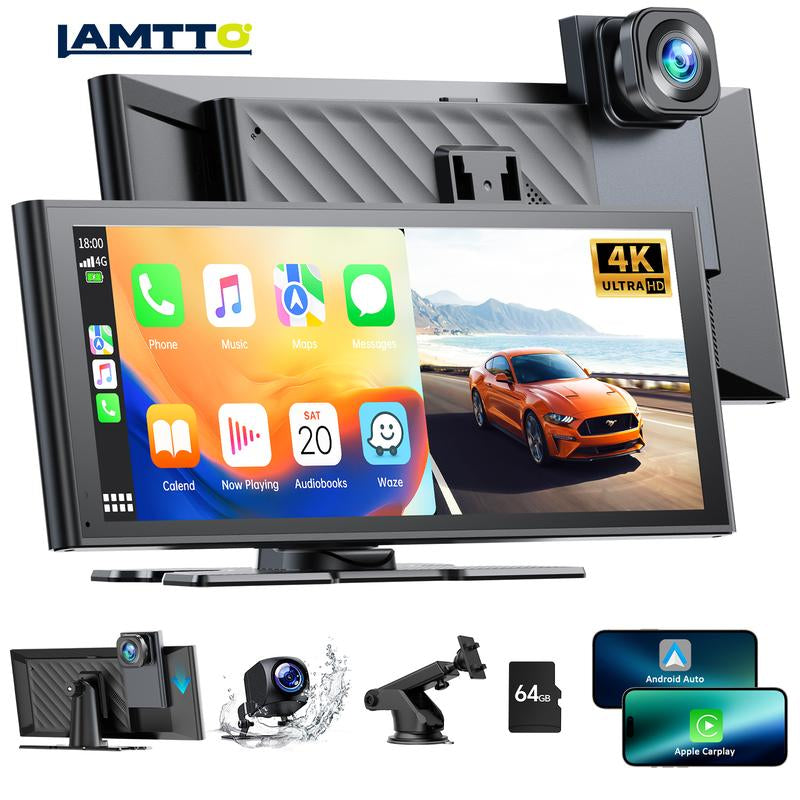 LAMTTO 2024 Newest 9.26 Inch Wireless Carplay &Android Auto with 4K Dash Cam,1080P Backup Camera, Car Audio with Voice Control/Bluetooth/G-Sense/Loop Recording/Mirror Link/Gps