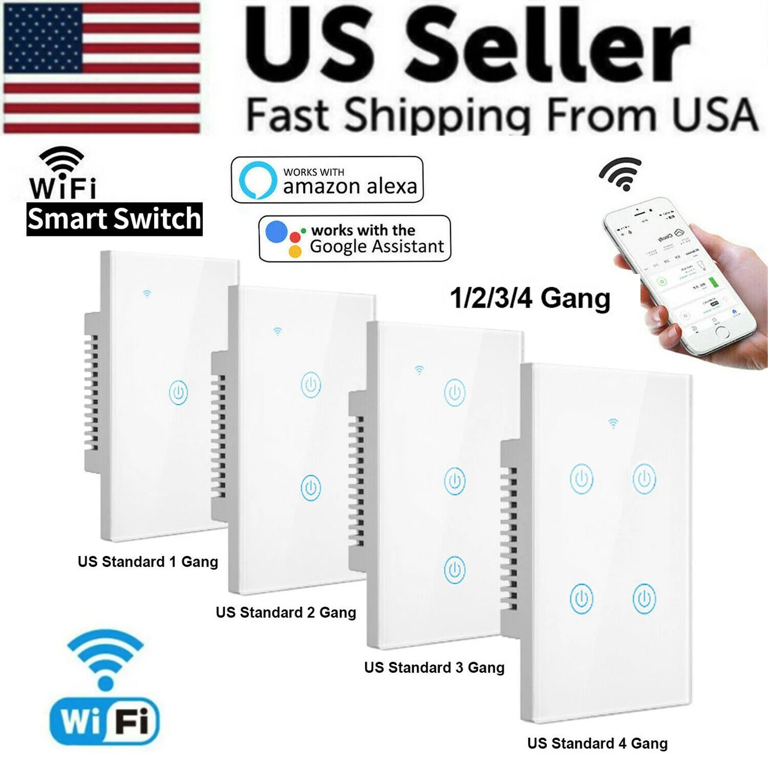 1/2/3/4 Gang Wifi Smart Wall Touch Light Switch Glass Panel for Alexa/Google APP