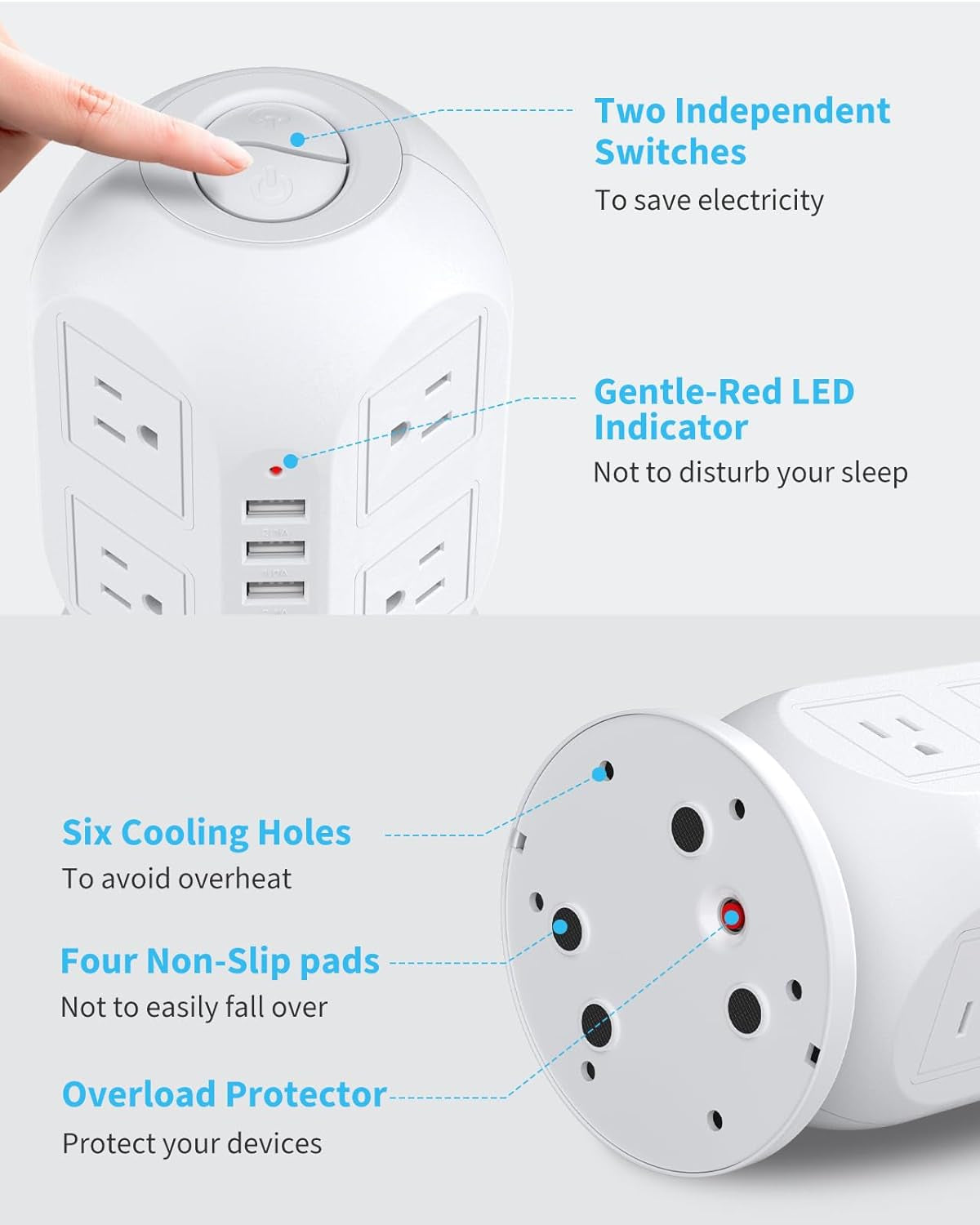 Tower Surge Protector Power Strip,  10 Ft Extension Cord with Multiple Outlets, 1050J Surge Protector, 8 Outlets 4 USB Ports Charging Station for Home Office Supplies Desk Accessories